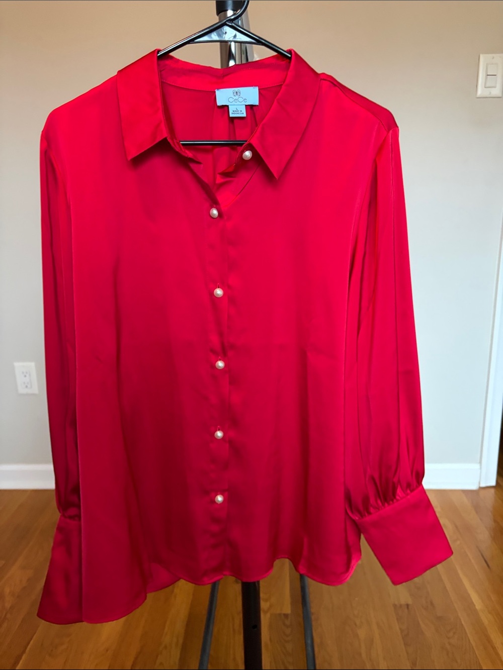CeCe Hot Pink Satin Button-Down Blouse with Pearl Buttons